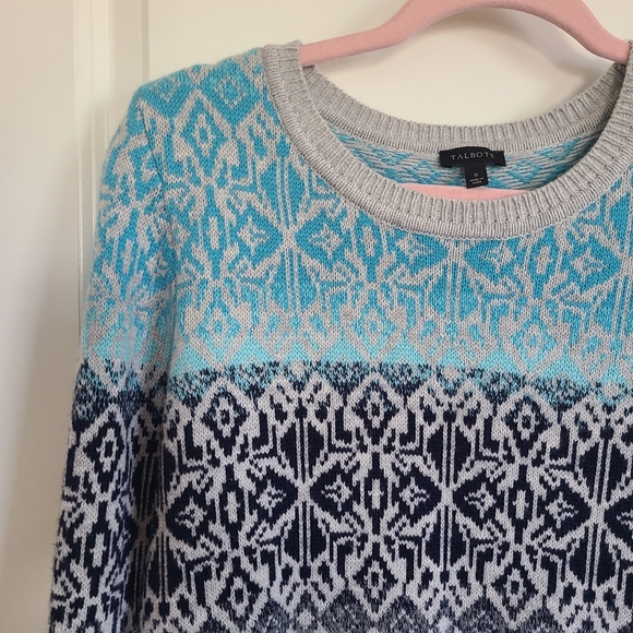 Talbots Blue Nordic Fair Isle Nylon Lambs Wool Knit Sweater Size Small - Picture 3 of 10